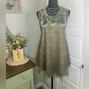 Pretty Angel Olive Green Linen Blend Floral Lace Ruffle Tunic Blouse Shabby Chic